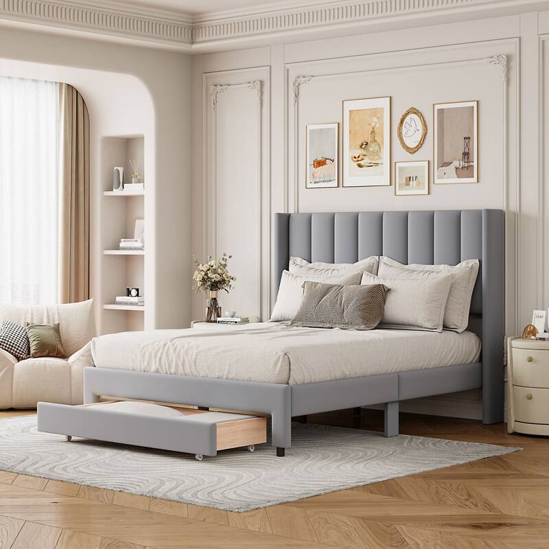 Velvet Upholstered Storage Platform Bed with a Drawer