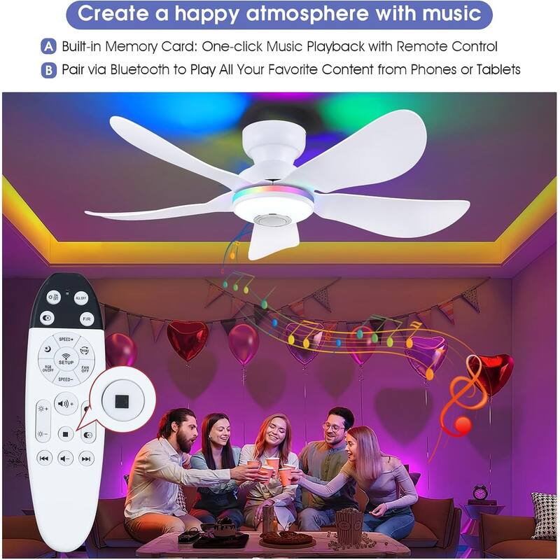 Kviflon 36/46 inches RGB Flush Mount Ceiling Fan with Light and Remote and Speaker