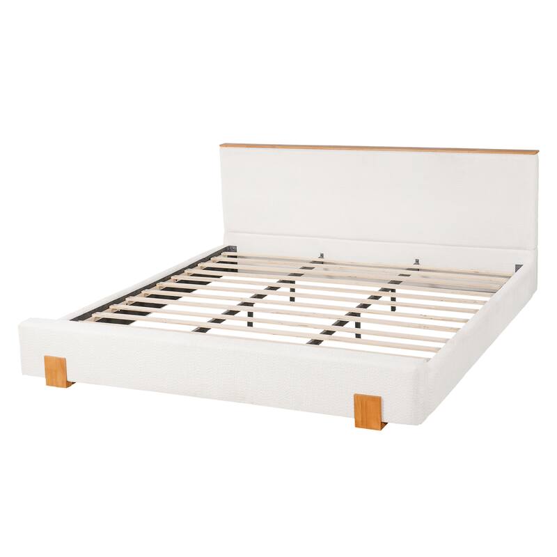 Christopher Knight Home - Verdes Modern Soft Boucle Upholstered Platform Bed with Solid Wood Legs, Trim & Padded Headboard