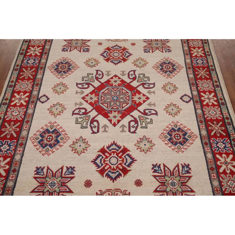 Beige / Ivory Geometric Kazak Rug Hand-Knotted Wool Carpet - 5'2" x 6'9"
