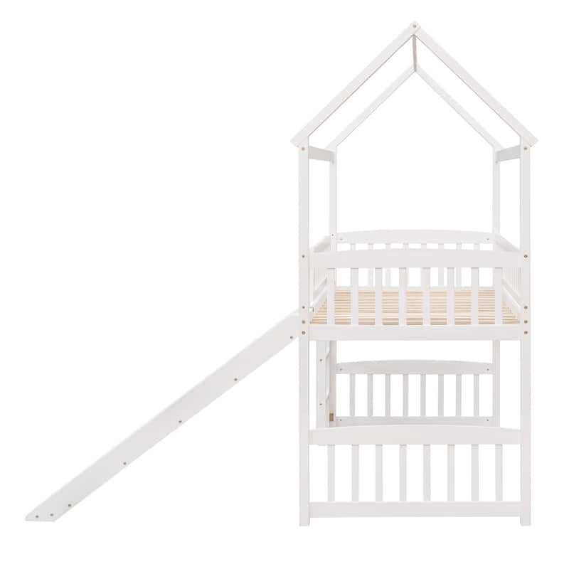Twin Size Wooden Loft Bed with Slide and Ladder, House Shaped Solid Pinewood Low Loftbed Frame with Under Bed Play Space