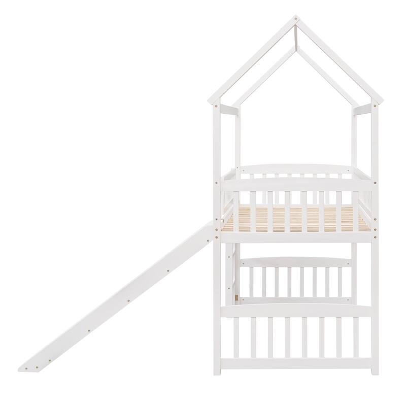 White Twin Loft Bed with Slide and House Design, Space-Saving Kids Furniture