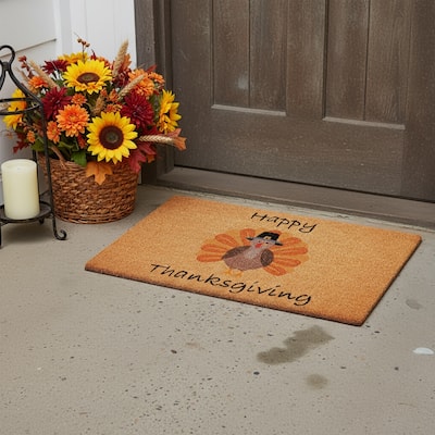 HomeRoots 24" X 36" Natural And Brown Thanksgiving Outdoor Coir Door Mat - 24.00' X '36.00