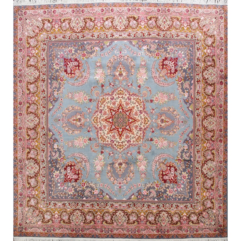 Hand Knotted Oriental 100% Wool Carpet Traditional Floral Navy Blue & Blues Tabriz Area Rug - 9' 9'' X 9' 10''