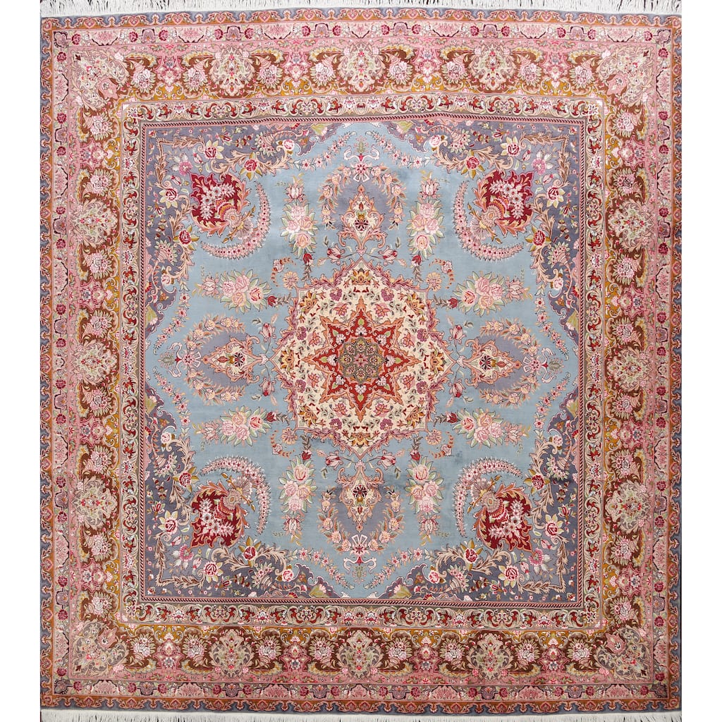 Hand Knotted Oriental 100% Wool Carpet Traditional Floral Navy Blue & Blues Tabriz Area Rug - 9' 9'' X 9' 10''