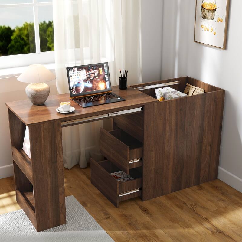 Roomfitters Computer Desk with Drawers and Extendable Table, Modern Folding Study Writing Desk Workstation, Walnut