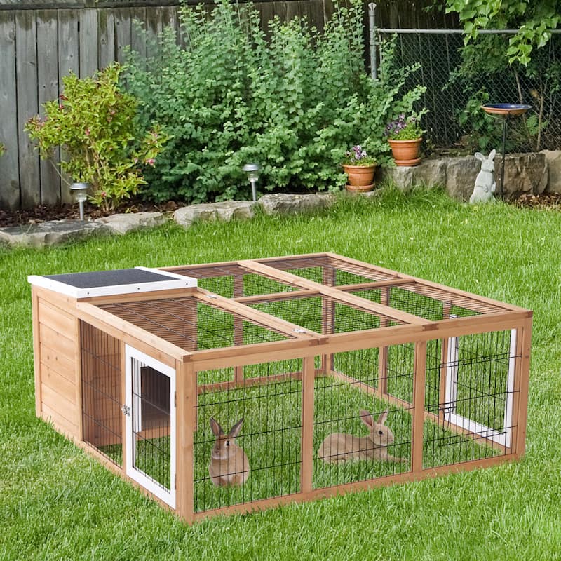 Outdoor Small Animal Cage with Playpen and Easy Access Doors - 48.5" L x 47.25" W x 20.5" H - Natural