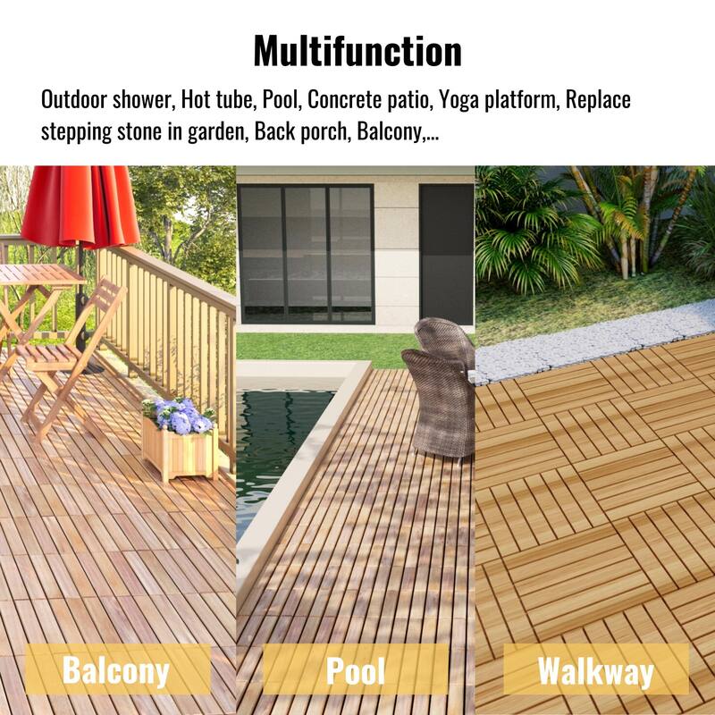 30 PCS Interlocking Deck Tiles Striped Pattern, 12" x 12" Square Acacia Hardwood Outdoor Flooring for Patio, Bancony, Pool Side