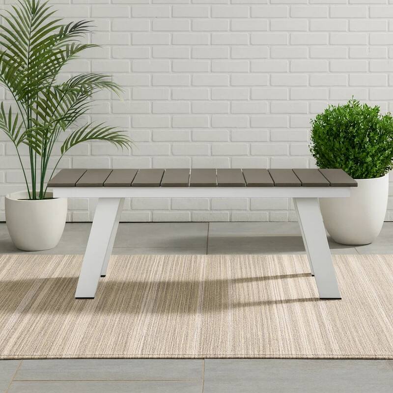Zia 54 Inch Outdoor Dining Bench, Gray Polyresin Top, White Aluminum Frame
