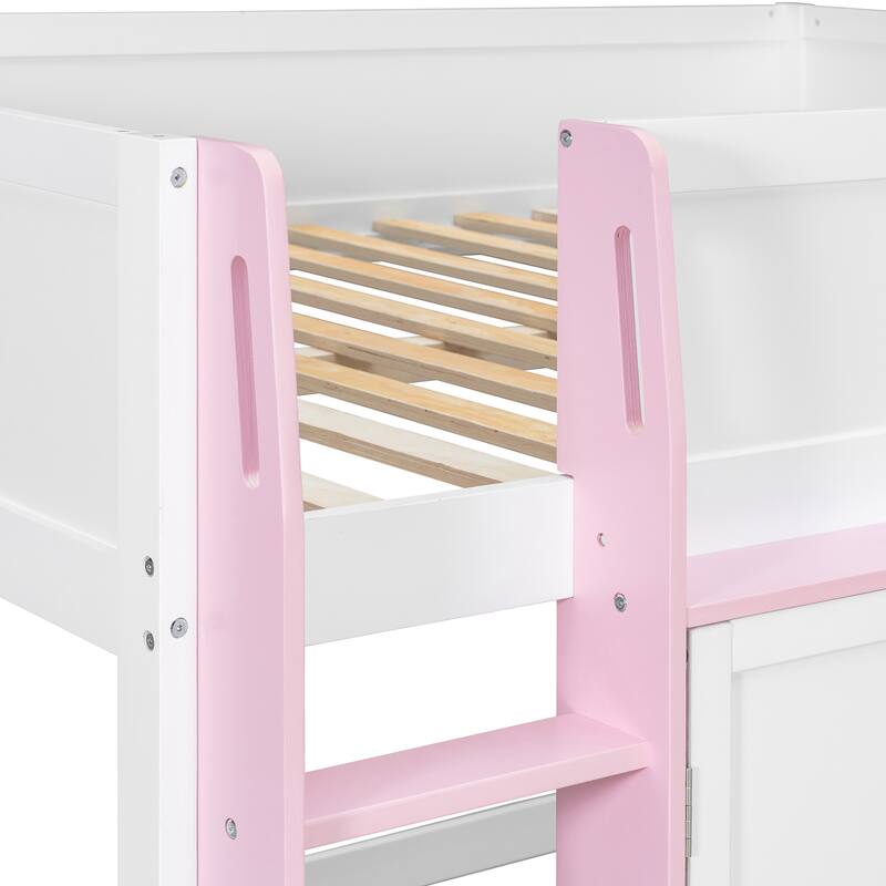 Roomfitters Full Loft House Bed with Playhouse and Storage Cabinets, Modern Wood Cabin Sleeper