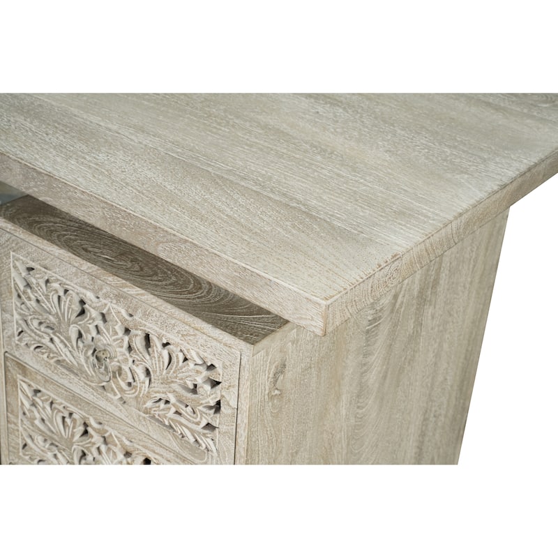 Floral Carved Solid Wood Desk with 3 Drawers