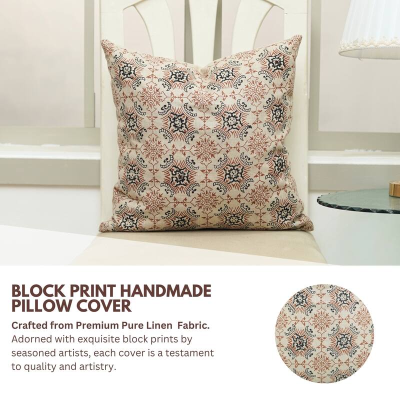 Fabdivine Sustainable Pillow Cover Soft Pure Linen Black Floral Block Print for Boho Living or Bed Room 26x26 Inch, Chakravyuh