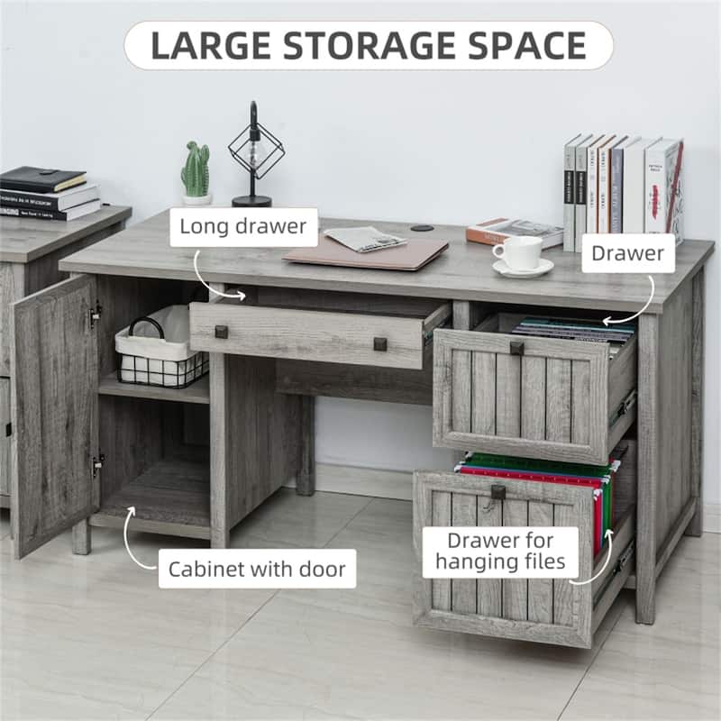 Grey Wood Office Computer Desk with Drawers Cable Management Home Workstation