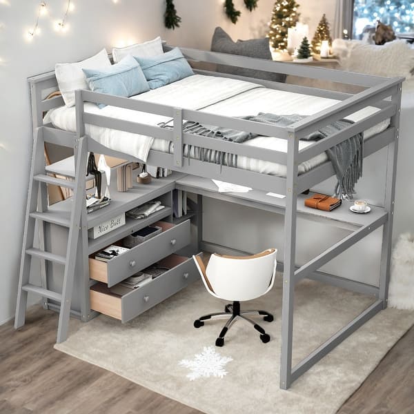 slide 2 of 32, Full Size Loft Bed With Desk,Shelves,2 Built-in Drawers for Home Grey