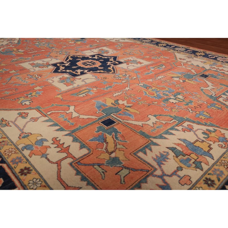 Vegetable Dye Orange Heriz Oriental Area Rug Handmade Wool Carpet - 8'11" x 11'4"