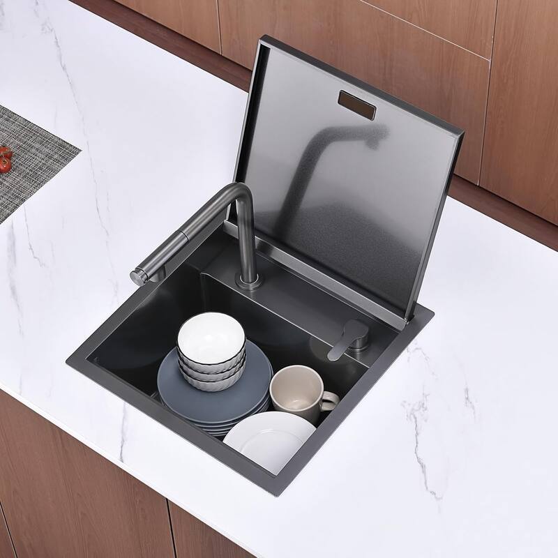 Lefton RV Kitchen Sink, 17" Stainless Steel Single Bowl Drop-in Bar Sink with Liftable Pull-out Faucet for Small Kitchen Island