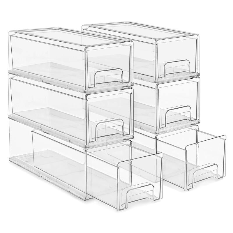 Sorbus Small Clear Stackable Storage Drawers, Plastic Organizer Bins with Handles, Stackable Pull-Out Storage Drawers - Set of 6