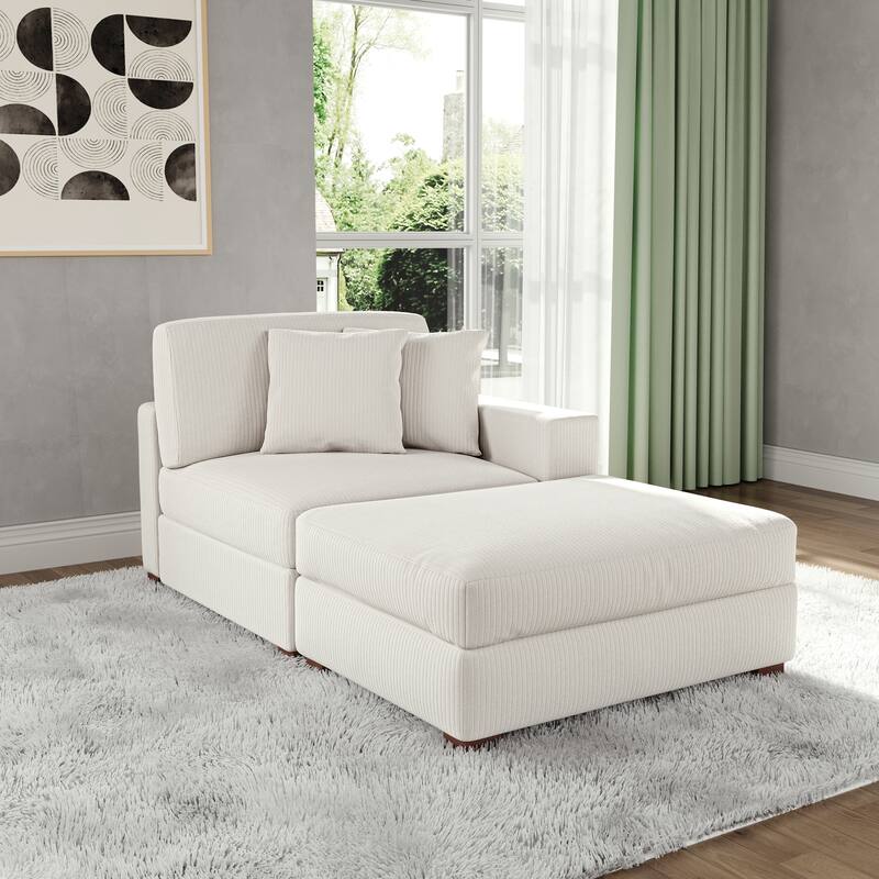 Corduroy Chaise Lounge Sofa with Ottoman for Living Room - Right - Beige/Right