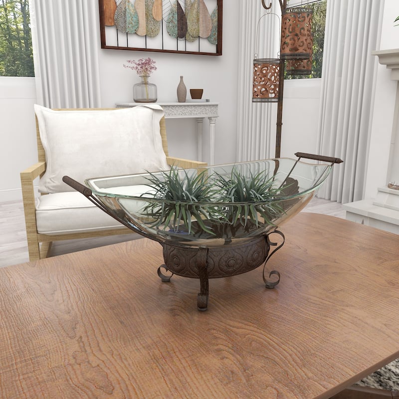 Tempered Glass Kitchen Serving Bowl with Brown Metal Scroll Base - Clear - Roche River Decor