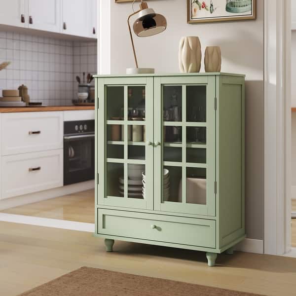 slide 2 of 18, Anmytek Mint Green Vintage Glass Door Cabinet Kitchen Buffet Sideboard Living Room Display Storage