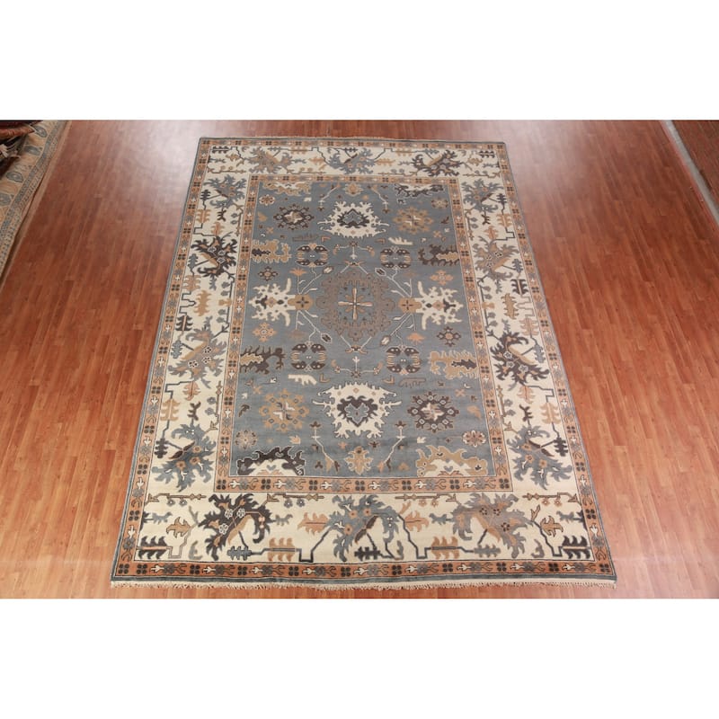Gray Ivory Oushak Indian Large Rug Hand-Knotted Wool Carpet - 10'2" x 13'11"