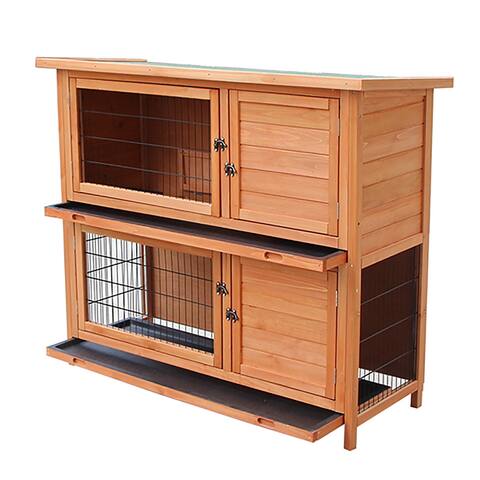 Merax 2-Story Outdoor Wooden Hutch Chicken Coop Bunny Cage Guinea Pig House with Ladder for Small Animals - Natural