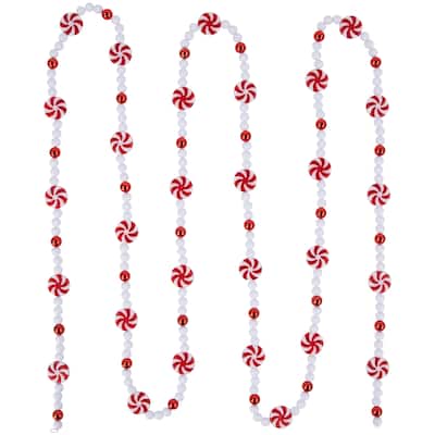 9'x1" Red White Peppermint Cy Beaded Artificial Christmas Garl - Unlit