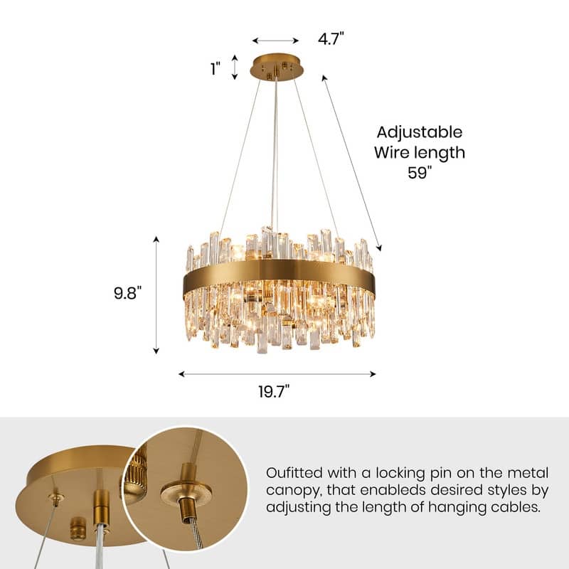 19.7'' Modern Crystal Chandelier Brass Gold Round 12-Light 2-Tier Luxury Crystal 19.7'' Raindrop Chandelier for Dining Room