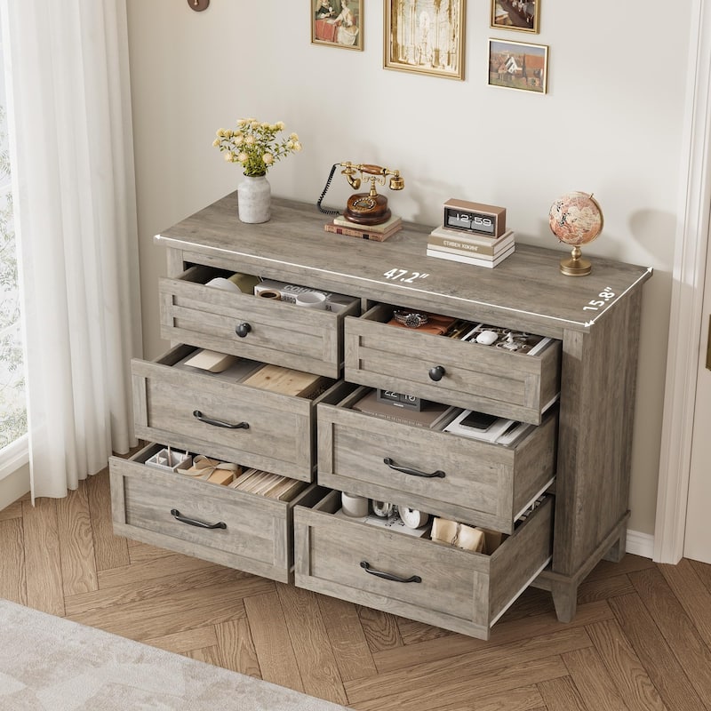 6 Drawer Dresser for Bedroom, 47" Wide Wooden Storage Chest, Freestanding Closet Organizer