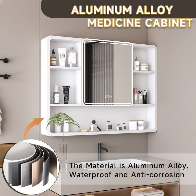 Aluminium Medicine Cabinet Mirror, 35 x 28 Inches Medicine Cabinet with 3 Colors LED Light and Defogging Function
