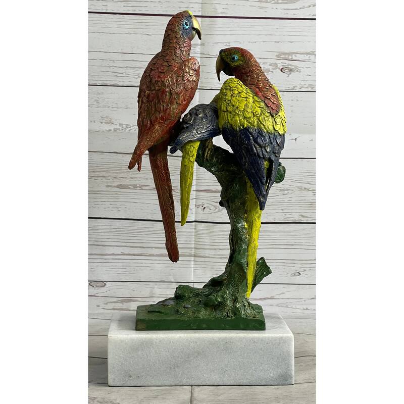 Handcrafted Brazilian Parrot Family Bronze Sculpture On White Marble Base