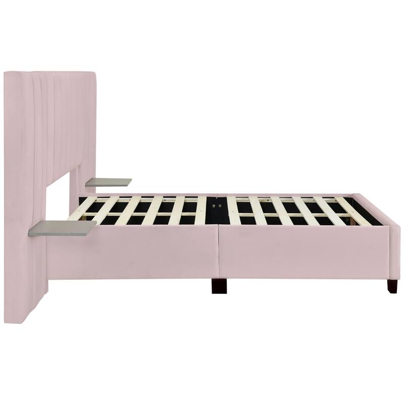 Modern Velvet Upholstered Platform Bed with Large Headboard