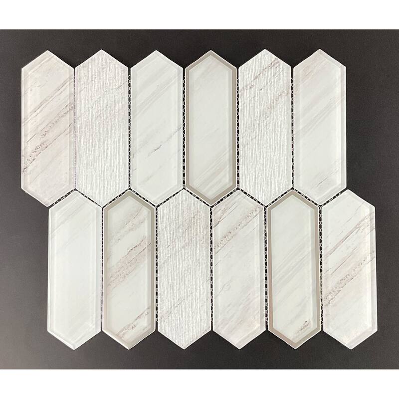 6 X 2 Long Hexagon Glass Wall Mosaic Tiles - Case (10 Sheets) - Grey Mist with Silver