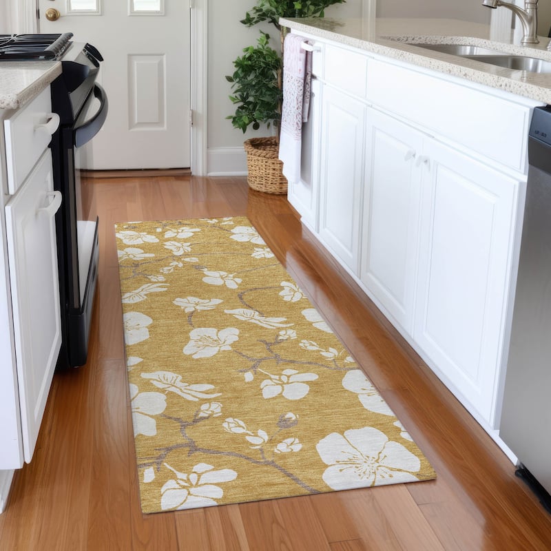 Premium Washable Super Soft Modern Floral Mayfield Rug - Gold - 2'3" x 7'6"