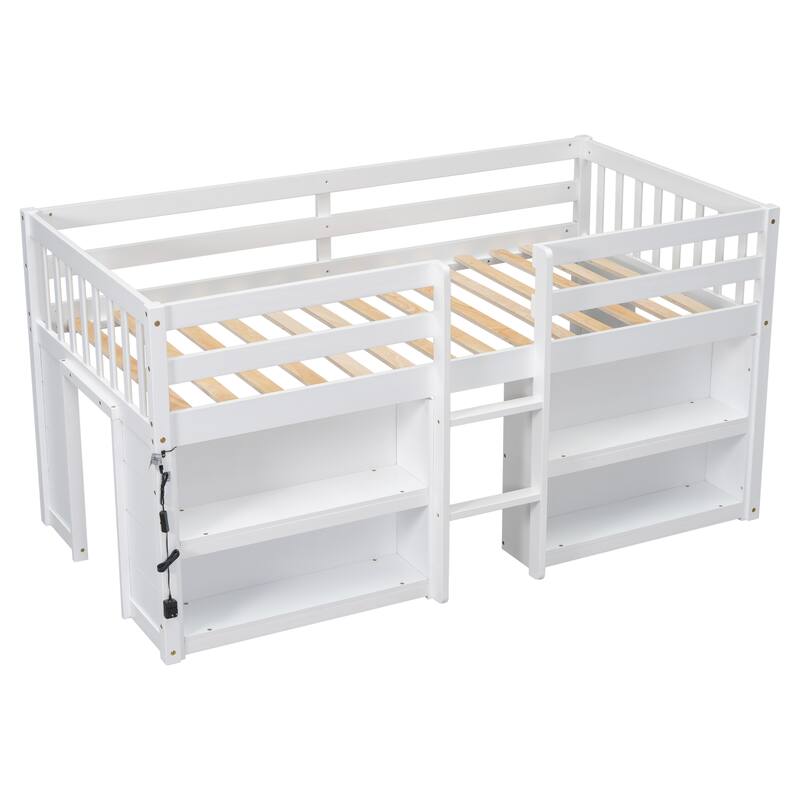 Kids Twin Loft Bed with 2-Tier Bookcase Shelves and Light Strip, Storage Bed Frame w/ Underbed Playroom, Full Guardrail & Ladder