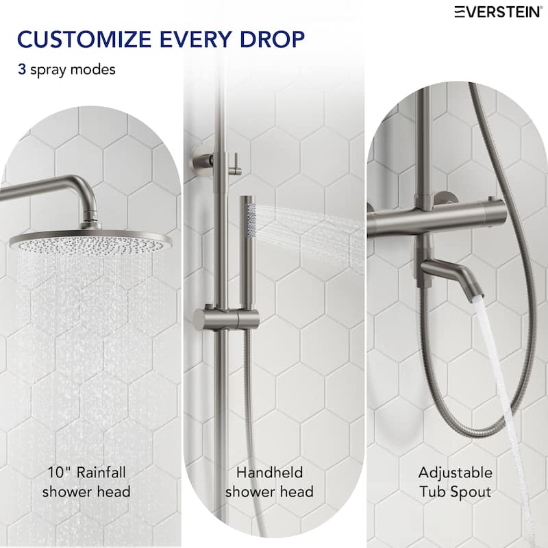 Height Adjustable Thermostatic Shower System with Tub Spout, 10" Rain Shower Head, Hand Shower, Brass Valve