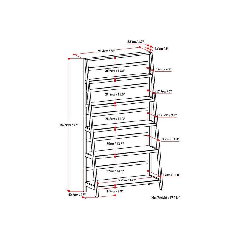 Simpli Home Acadian 36 inch Solid Wood 5 Shelf Ladder Bookcase in Brunette Brown (Set of 2) - 36"W x 16"D x 72"H