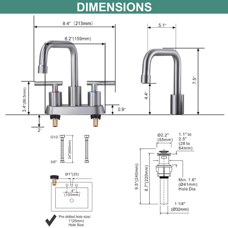 WOWOW 4 in. Centerset Double Handle Bathroom Faucet with Drain Kit