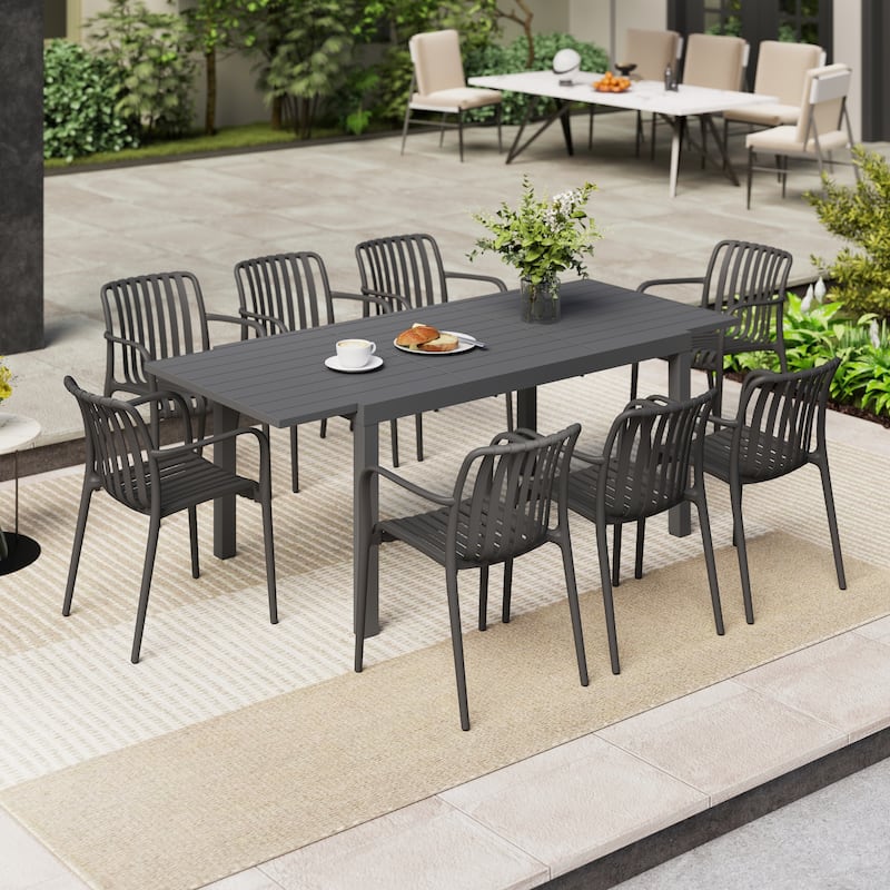 Outdoor Dining Set 9-Piece Stackable Plastic Lightweight Dining Armchair and Extendable Dining Table
