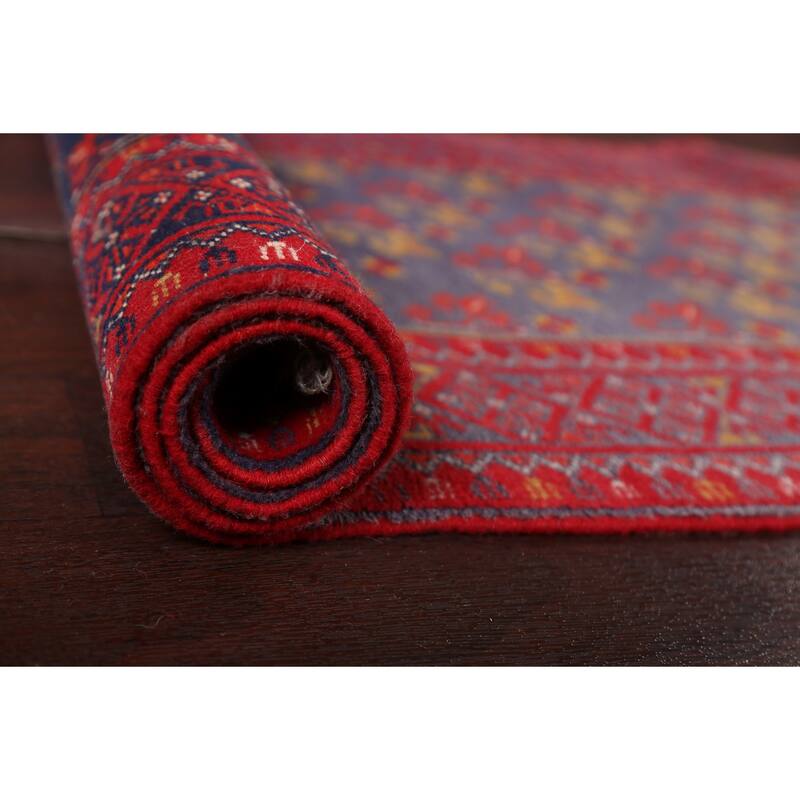 Hand Knotted Oriental 100% Wool Carpet Traditional Floral Navy Blue & Blues Balouch Runner Rug - 9' 5'' X 2' 8''