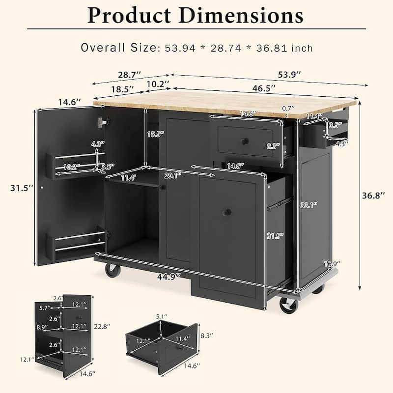 53.9 "W Modern Versatile Kitchen Island with Drop Leaf and 3 Drawer Cabinets