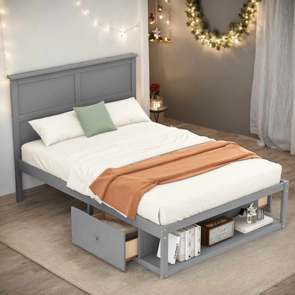 Full Size Platform Bed with Drawer on the Each Side and Shelf on the End of the Bed