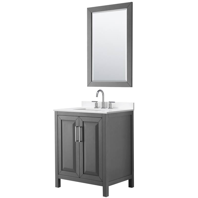 Daria 30-inch Single Vanity, 3 Hole Quartz Top, 24-inch Mirror - Dark Gray, Chrome Trim, White Quartz Top