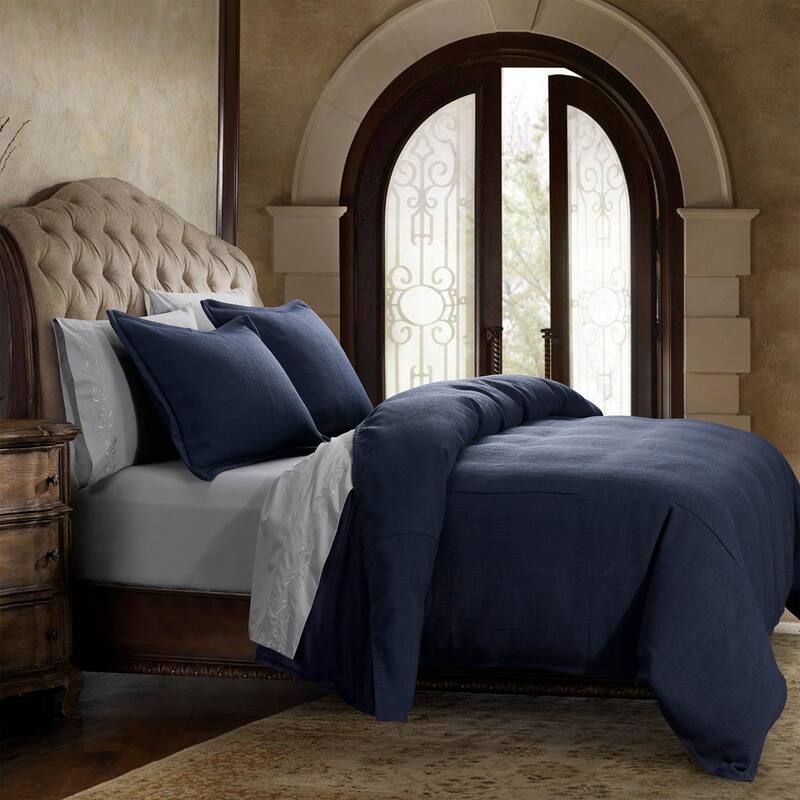 HiEnd Accents Camden Nubby Blue Traditional Style Bedding 3 Piece Comforter Set with Pillow Shams