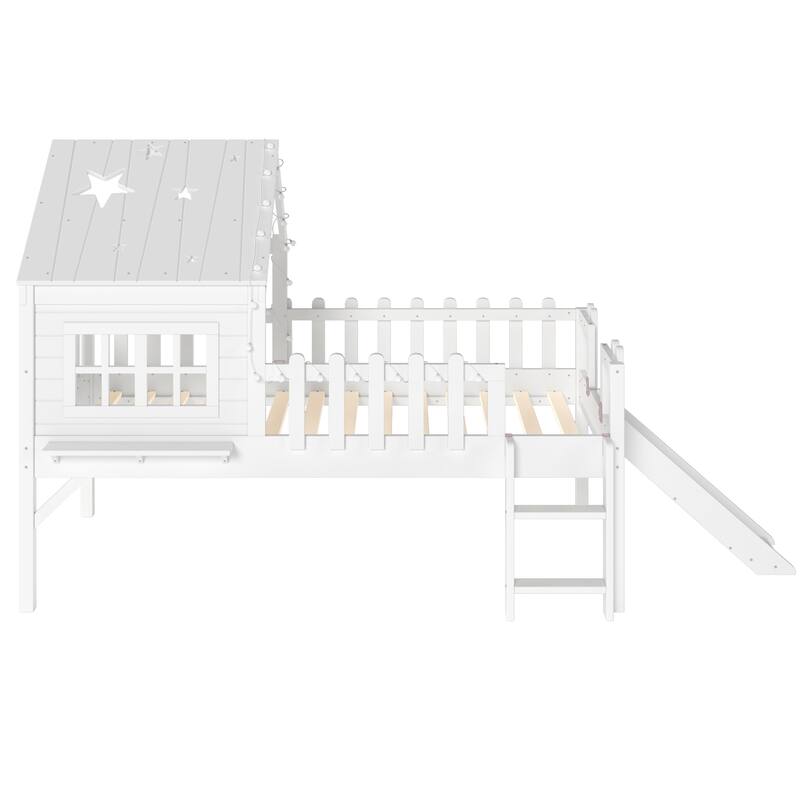 Twin Size House Loft Bed with Slide,Playhouse Bed with Star Moon-shaped Designs and Window, Chic Design with LED Lights
