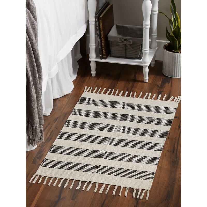DII Black Ticking Stripe Hand-Loomed Rug 2x3 Ft - 24.0 In. L X 36.0 In. W X 0.2 In. H