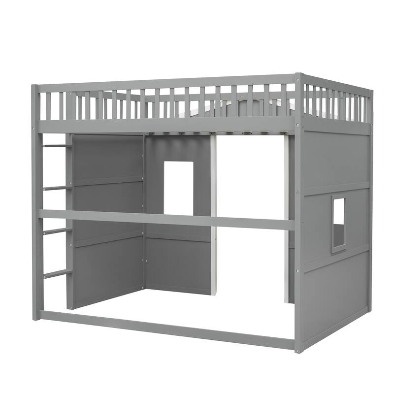 Full Size Loft Bed with Ladder in Gray and White Frame, Sturdy Pine Wood Construction