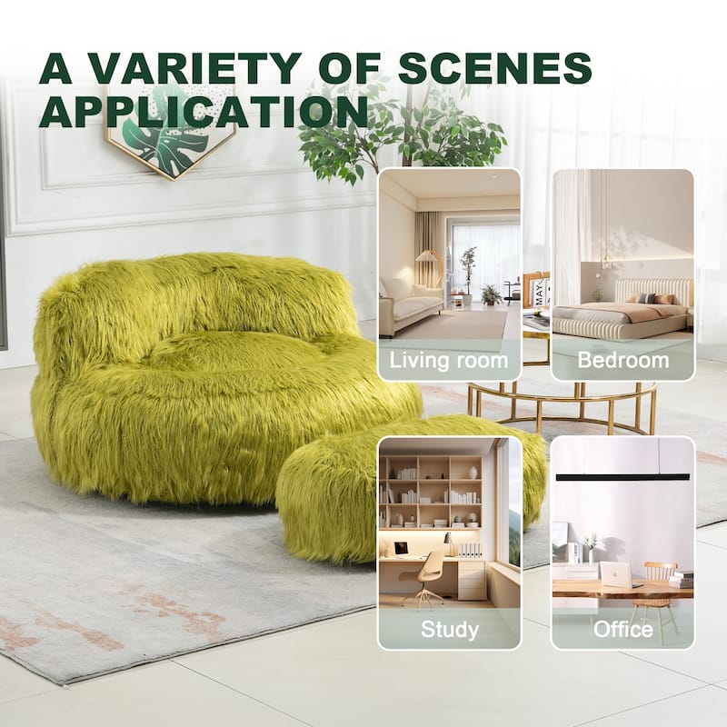 Plush Upholstered Round Comfort Lounger Bean Bag Chair with Ottoman