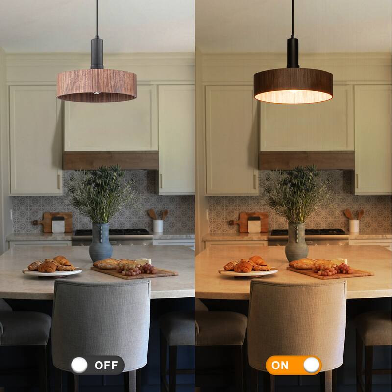 Modern Matte Black Pendant Light with Wood Shade Kitchen Fixture - Dia.12-in