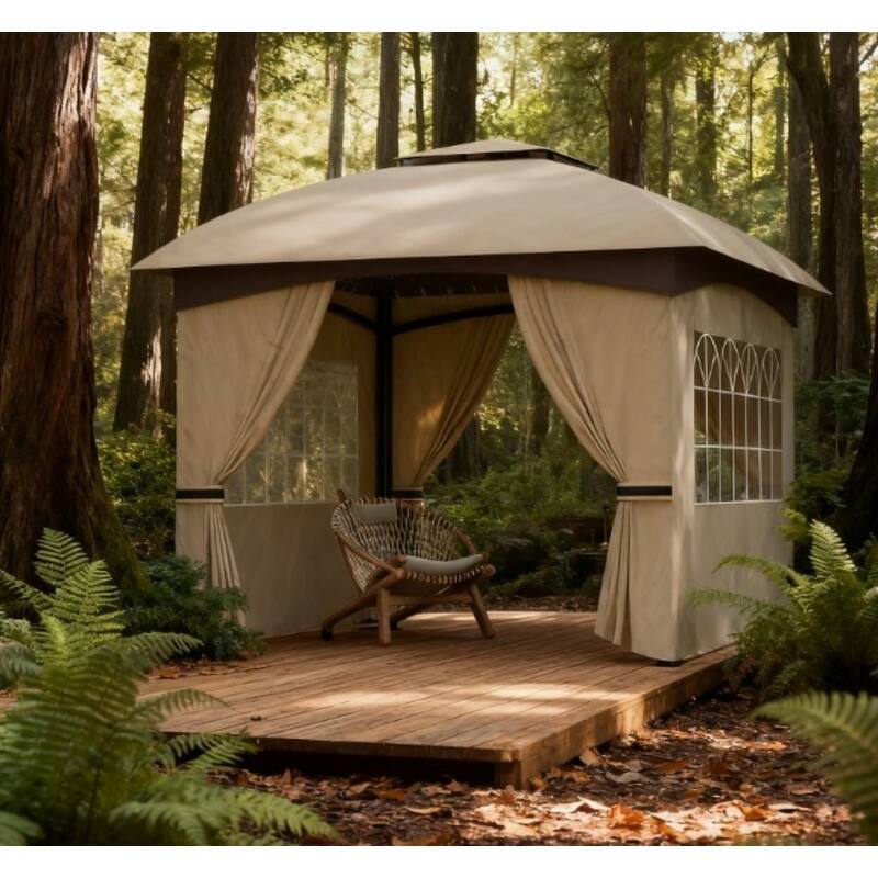 GDFStudio - 11'x11' Double Roof UV Protected Patio Gazebo with Church Windows & Curtains